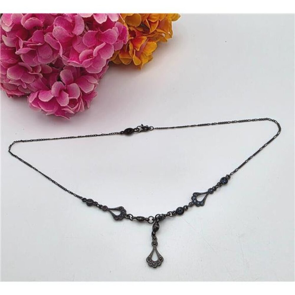 Black Tone Figaro Chain Necklace Blue Rhinestone Teardrop Y-Drop Signed Austria